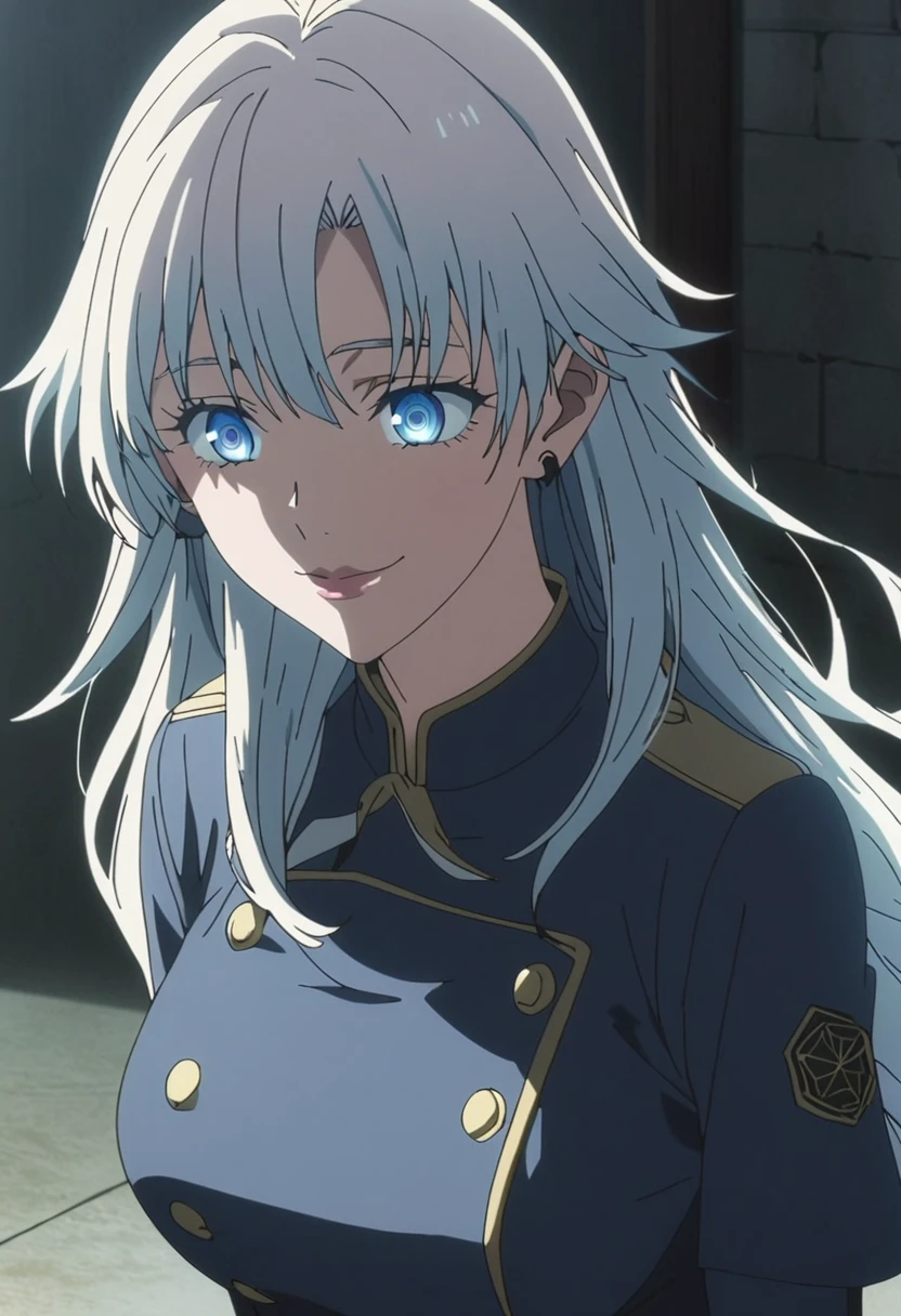 1girl, female gojo satoru, anime screencap from jujutsu kaisen, gojo satoru female version, solo, long_hair, ((blue universal eyes)) ((White_hair)), (hanging breasts) upper_body, smile, lips, (long hair) ((wearing black colour girls uniform with golden button)) breast, "very detailed and high resolution" ((solo)) (((front view))) (earings) ((high resolution)) ((good quality)) ((silky hair)) ((full body)) ((blue universal eyes)) {very high resolution}