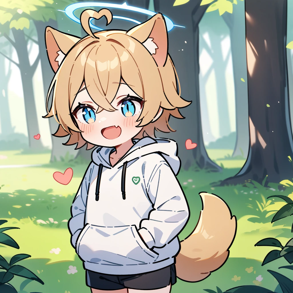 (masterpiece:1.2,high quality),4K,High resolution,A seven-year-old boy,cute boy,light brown hair,short hair,crossed bangs,light blue eyes,slit pupils,heart ahoge,halo,cat ears,laughing,skin fang,Wearing a white hoodie,Black shorts,Stand in the forest,There are flowering trees on both sides.,primary school student,thigh,alone,dog tail,(Put your hands in your pockets),((Put your hands in your pockets))
