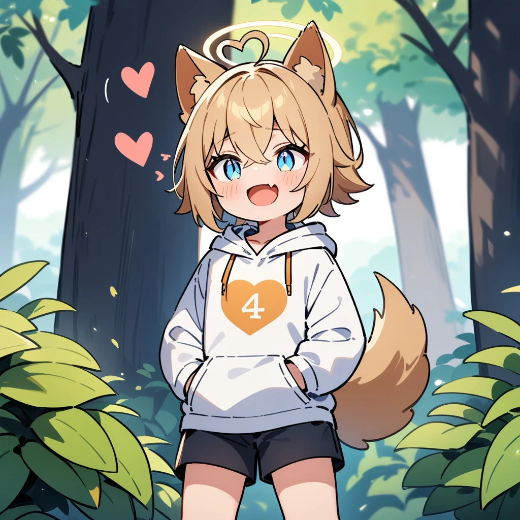(masterpiece:1.2,high quality),4K,High resolution,A seven-year-old boy,cute boy,light brown hair,short hair,crossed bangs,light blue eyes,slit pupils,heart ahoge,halo,cat ears,laughing,skin fang,Wearing a white hoodie,Black shorts,Stand in the forest,There are flowering trees on both sides.,primary school student,thigh,alone,dog tail,(Put your hands in your pockets),((Put your hands in your pockets))