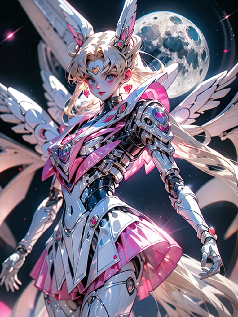 1 mechanical girl: 1.4, Sailor Moon, white mechanical arm, humanoid body, pink sailor suit, good-looking face, sailor Moon, moon hare, rabbit ears, mechanical ears, white blouse, blonde hair, mechanical arm, pink skirt, side, heart-shaped robot in the background, sci-fi background, complex background, hair glowing hair, forehead hair light, moon, panorama, mechanical wings, large wings in the background