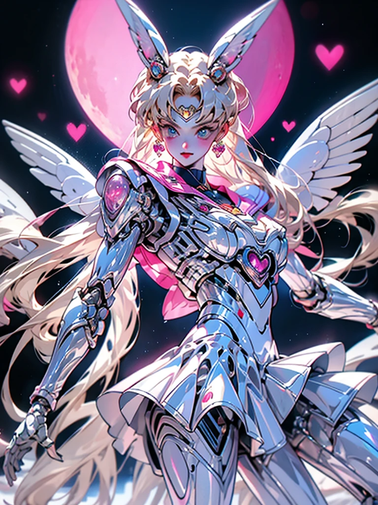 1 mechanical girl: 1.4, Sailor Moon, white mechanical arm, humanoid body, pink sailor suit, good-looking face, sailor Moon, moon hare, rabbit ears, mechanical ears, white blouse, blonde hair, mechanical arm, pink skirt, side, heart-shaped robot in the background, sci-fi background, complex background, hair glowing hair, forehead hair light, moon, panorama, mechanical wings, large wings in the background
