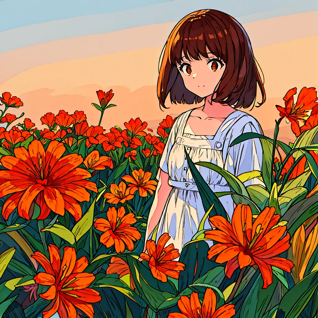 Orange plain background, lily flower, woman in white dress, brown hair, summer, nostalgic, simple