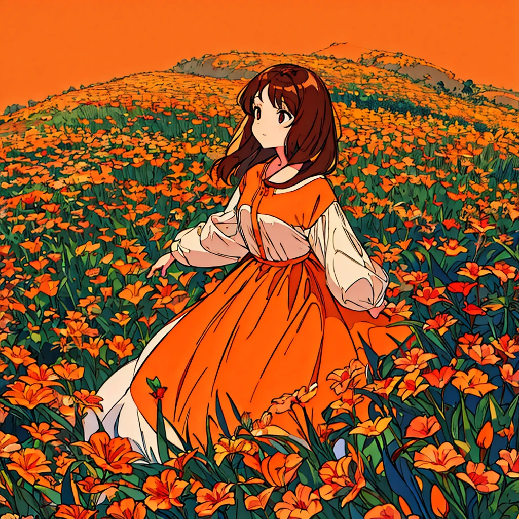 Orange plain background, lily flower, woman in white dress, brown hair, summer, nostalgic, simple