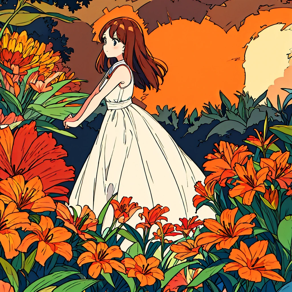 Orange plain background, lily flower, woman in white dress, brown hair, summer, nostalgic, simple