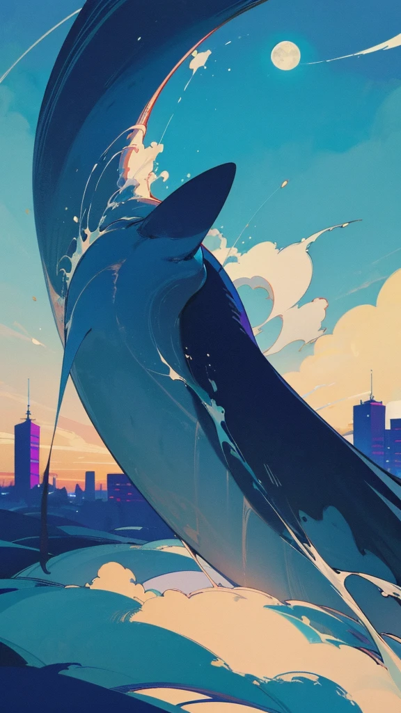 Blue-haired long hair,Design clothing,Seven-doppelganger shot,Anime style 4K,Anime girl with teal hair,High quality anime art style,Standing painting,Splash ink background,Blue Themes、Pure white background,Buildings,Face close-up,Buildings,Moon and sun、Long legs, whale flying in the sky,giant whale,輝く星々,天の川,輝く空