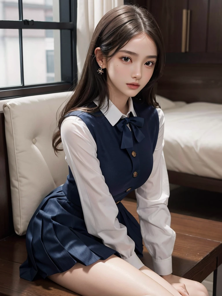 absurdres, RAW photo, extremely delicate and beautiful, masterpiece, Best Quality, ultra high resolution, 32k, hyperrealistic, ultra-detailed, perfect anatomy, super Detailed skin, perfect figure, Super Beauty, Perfect Style, Perfect balance, 20 years old, very small head, very small face, delicate facial features, detailed face, detailed eyes, tearful mole, earring, (very huge round breasts), legs, medium hair, full body shot, (school_uniform), indoor,