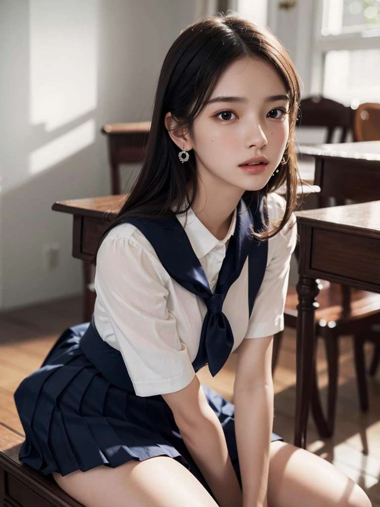 absurdres, RAW photo, extremely delicate and beautiful, masterpiece, Best Quality, ultra high resolution, 32k, hyperrealistic, ultra-detailed, perfect anatomy, super Detailed skin, perfect figure, Super Beauty, Perfect Style, Perfect balance, 20 years old, very small head, very small face, delicate facial features, detailed face, detailed eyes, tearful mole, earring, (very huge round breasts), legs, medium hair, full body shot, (school_uniform), indoor,