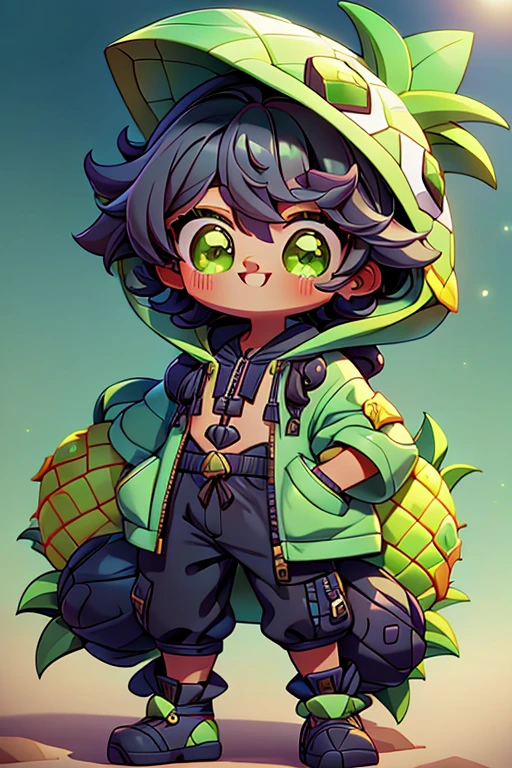 Pretty smiling boy wearing a pineapple hooded jacket. brown skin and black hair. cinematic, hyper detailled, fundo GRADIENTE branco , highy detailed, diminished, greeneyes