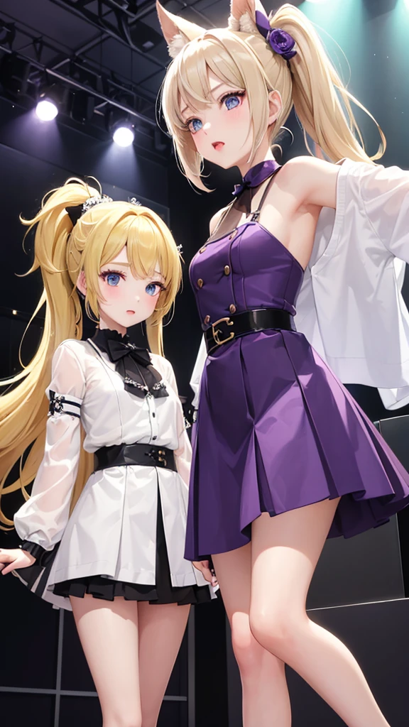 Two Girls、(Blonde、Bob Hair、Golden Eyes、ColorPurple、)Idol、Fluffy skirt、dance、fine、(Blonde、ponytail、Pale blue eyes、Color: Blue、)