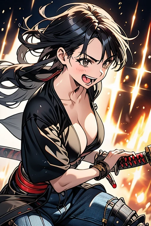 masterpiece, Highest quality, Adult women,Very detailed,Black eyes,European facial structure,,Natural Beauty,Cinematic,Breasts are moderately sized 10.0,An expression of joy,Open Mouth Smile,T-shirt and denim pants,Cleavage,Samurai Sword Drawing Technique 1000.0,A samurai unsheathing his sword 1000.0,The length of the sheath is 1.5 m,Powerful and powerful pose 5.0,Extremely fine and intricate detail,Skilled Technology,Low posture,