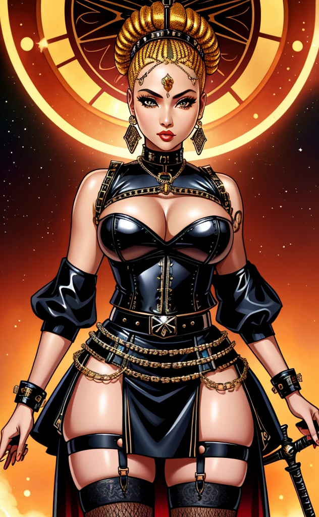 a close up of a woman in a skirt with a sword, an album cover inspired by Esaias Boursse, trending on cg society, afrofuturism, mini-skirt, mini skirt, in style of chrome hearts, african domme mistress, intriguing outfit, waist - shot, wearing chains, wearing honey - themed miniskirt, garters