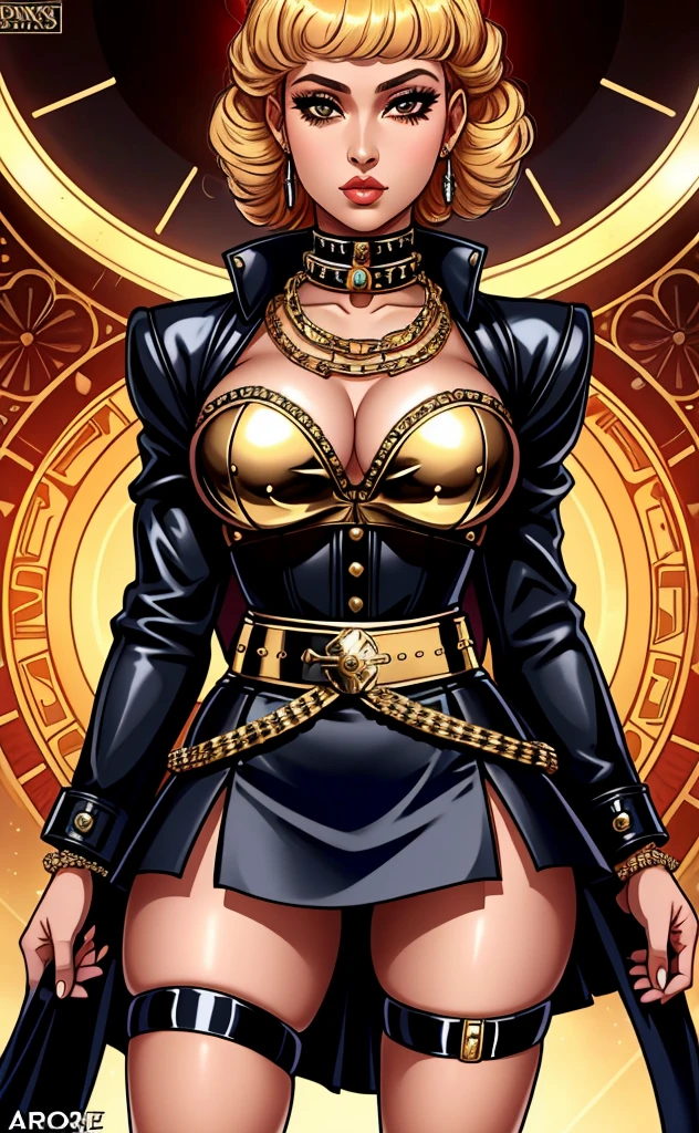 a close up of a woman in a skirt with a sword, an album cover inspired by Esaias Boursse, trending on cg society, afrofuturism, mini-skirt, mini skirt, in style of chrome hearts, african domme mistress, intriguing outfit, waist - shot, wearing chains, wearing honey - themed miniskirt, garters