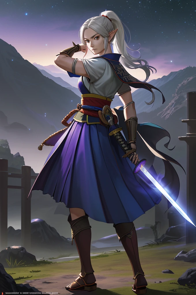 Highest quality,High resolution, ((DQ10)) ,(Elf),Martial Artist,(gun),One person,warrior,(white_armor),purple,kimono,woman,One personで,ponytail,strongest,Anime Style,(Night Sky_background),(Limbs),(Full Finger),(Accurate fingertips), (The finer details), (Super detailed),(Japanese sword:),4K,(high resolution),whole body, (Front angle), Looking at the camera,masterpiece,(Subtle details),(Intricate details),Octane Rendering,(Hyper Detail),