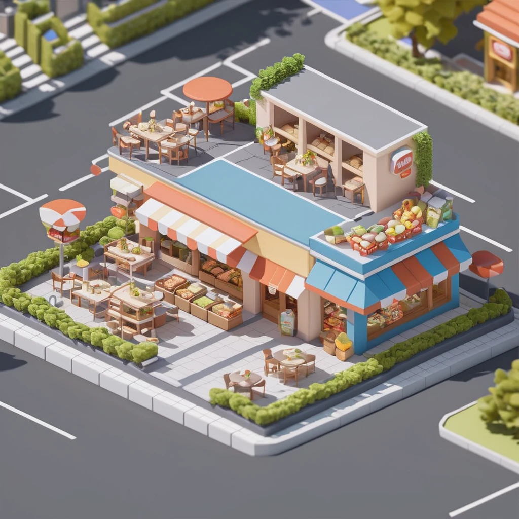 supermarket，cafes，bookshops，Outdoor dining tables and chairs，crossroads，car，Isometric Art, 3D Isometric, Isometric pixel art，Simple background，Xiaofangzi,