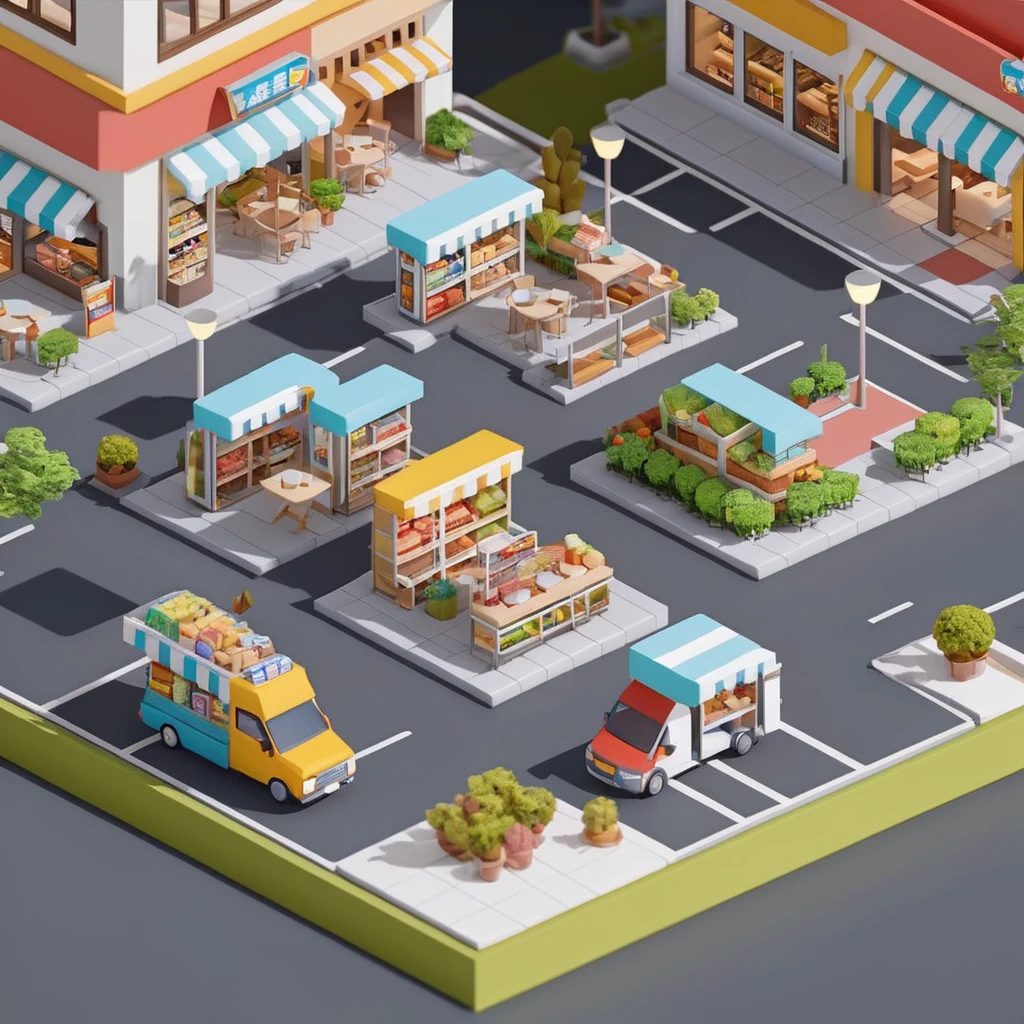 supermarket，cafes，bookshops，Outdoor dining tables and chairs，crossroads，car，Isometric Art, 3D Isometric, Isometric pixel art，Simple background，Xiaofangzi,