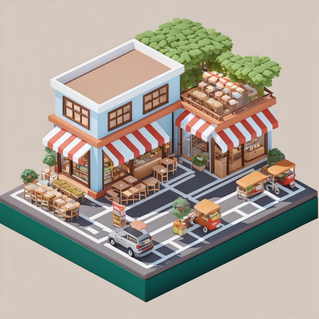 supermarket，cafes，bookshops，Outdoor dining tables and chairs，crossroads，car，Isometric Art, 3D Isometric, Isometric pixel art，Simple background，Xiaofangzi,