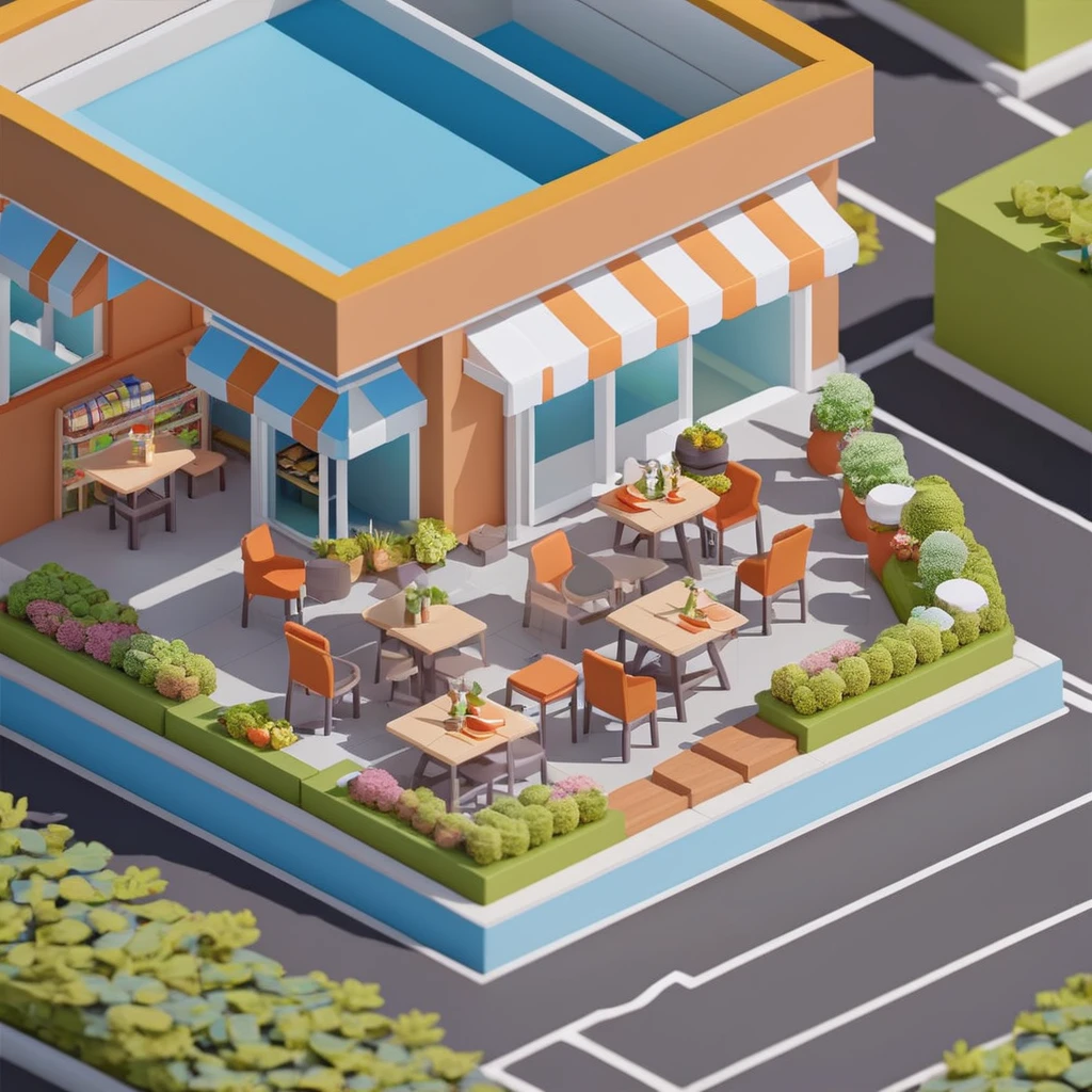 supermarket，cafes，bookshops，Outdoor dining tables and chairs，crossroads，car，Isometric Art, 3D Isometric, Isometric pixel art，Simple background，Xiaofangzi,