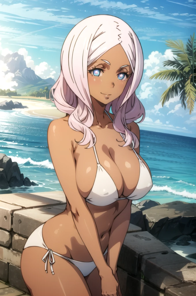 tall body, tall, long legs, mature female, mature, adult, eft_FireForce_Hibana, 1girl, solo, dark skin, dark-skinned female, breasts, large breasts, big breasts, huge breasts, big tits, giant breasts, symbol-shaped pupils, cleavage, long hair, white hair, blue eyes, parody, pink hair, looking at viewer, upper body, small bikini, white bikini, bare shoulders, bare arms, beach, ocean, smile, hands above head, underboob