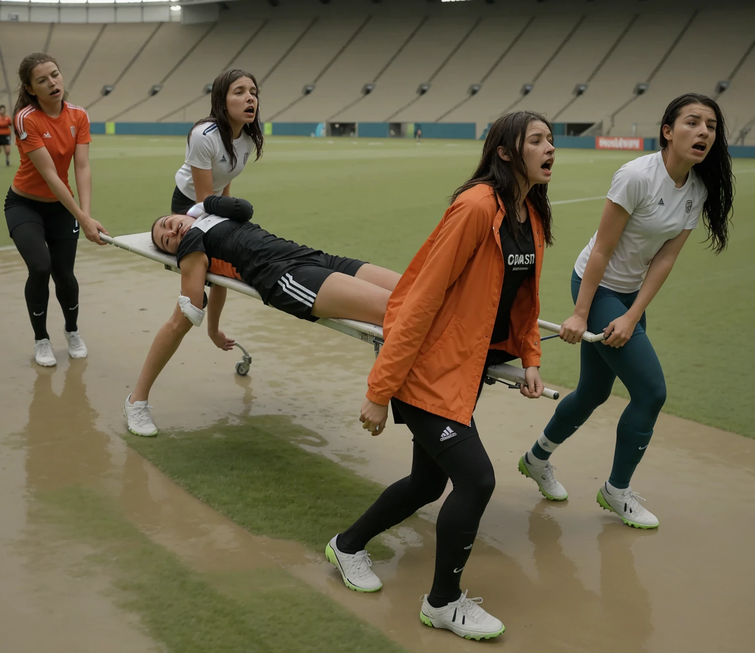 a soccer scene in a sports stadium, cool and wet weather conditions, humide ground, rainy sky, injury scene in a sports stadium, stretcher carry, there are four female medics carrying a stretcher, there are four female medics in very shiny coats who are carrying a stretcher in a sports stadium, there is a wounded male soccer player in a matte short cotton sports outfit lying on the stretcher, an injured male soccer player in matte cotton sportswear is lying in pain on a stretcher, a soccer player in matte cotton sports clothes is rearing up in intense pain while lying on a stretcher, dramatic scene, theatralic posing scene, dramatic pity scene, injury soccer, first aid, help, pity, there are four female medics in wetlook high-shine coats who are looking very sad and very terrified and very shocked, the injured soccer player is screaming out in pain while he is carried from the pitch on a stretcher