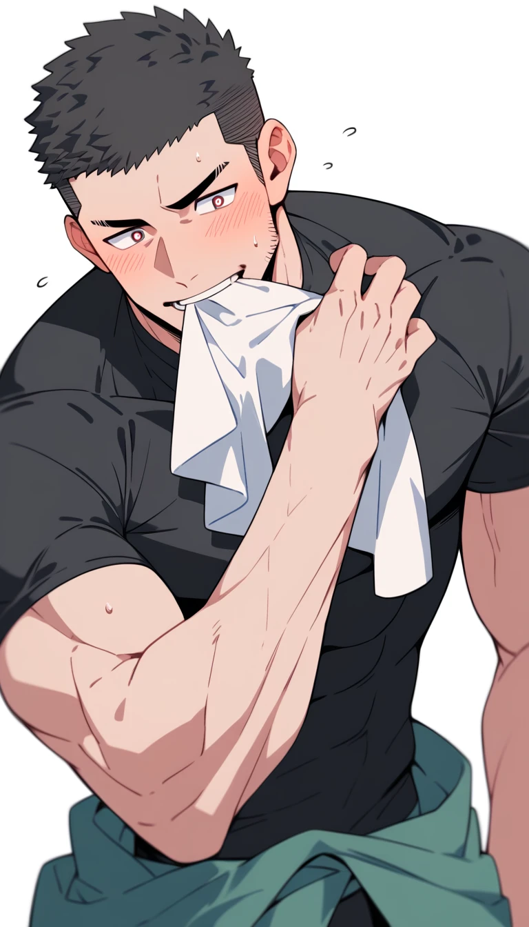 anime characters:Priapus, Muscle Sports Student, Buzz Cut, Manliness, male focus, Dark black tight T-shirt, Very tight, Sweat soaks clothes, full and perky chest muscles, muscular male, muscular, only, Upper body, Perfect muscular waist, alone, Black short hair, Thick eyebrows, stubble, Brown-red pupils, White background, simple background, amazing quality, best aesthetics, Ridiculous, crew cut, blush, mouth hold, Biting a white cotton towel in the mouth, embarrassed, shy, endured face, negative space, best quality