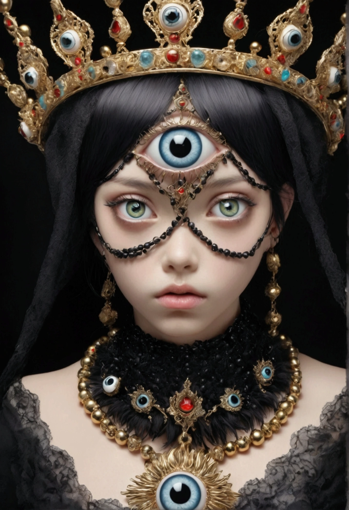 Grotesque Aesthetics：Girl with extra eyes，Tears，There are many eyeballs growing on the skin of the face，Eyeball Necklace，Eyeball Crown，Realistic eyeballs，teeth，Distorted face， Solitary，black background，crown，veil，Hands touch your face，3D eye bead necklace，
