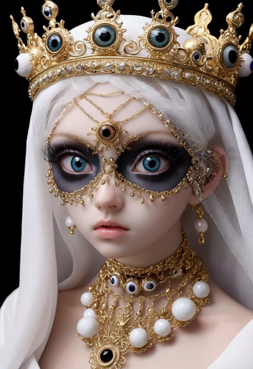 Grotesque Aesthetics：Girl with extra eyes，Tears，There are many eyeballs growing on the skin of the face，Eyeball Necklace，Eyeball Crown，Realistic eyeballs，teeth，Distorted face， Solitary，black background，crown，veil，Hands touch your face，3D eye bead necklace，
