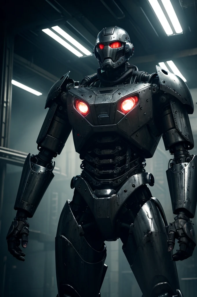 A highly advanced, menacing robot army, detailed hydraulic machinery, gears and pistons, gleaming chrome and steel, ominous industrial setting, human body parts scattered, pools of blood, sinister expressions, dystopian sci-fi horror atmosphere, dramatic lighting, muted color palette, cinematic composition, (best quality,4k,8k,highres,masterpiece:1.2),ultra-detailed,(realistic,photorealistic,photo-realistic:1.37),dramatic lighting,dark moody atmosphere,cinematic,horror,science fiction,industrial,dystopian,mechanical,chrome,steel,gears,hydraulic,menacing,sinister,gruesome,slaughter,blood,body parts,dramatic,muted colors