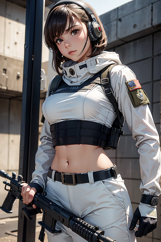 Woman in white holding a rifle and wearing headphones, 42 year old woman, young soldier, mechanized young soldier, Military Girl, beautiful female soldier, Female lead character, Military Girlราบ, Girl's sniper at war, solo female character, Future combat equipment, Half-body close-up, Woman wearing military bulletproof crop top, Show navel, Wear tactical equipment, Wear tactical armor., realistic navel shape