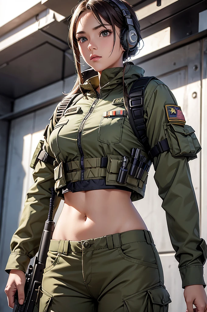 Woman in white holding a rifle and wearing headphones, 42 year old woman, young soldier, mechanized young soldier, Military Girl, beautiful female soldier, Female lead character, Military Girlราบ, Girl's sniper at war, solo female character, Future combat equipment, Half-body close-up, Woman wearing military bulletproof crop top, Show navel, Wear tactical equipment, Wear tactical armor., realistic navel shape