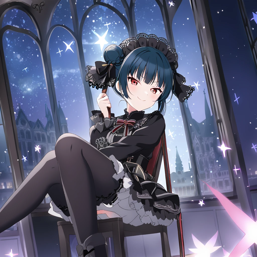 Yoshiko Tsushima、Blue Hair、Red eyes、Gothic Lolita、smug face、sit cross-legged on a chair、Wink、magic、night、dark、1 bun