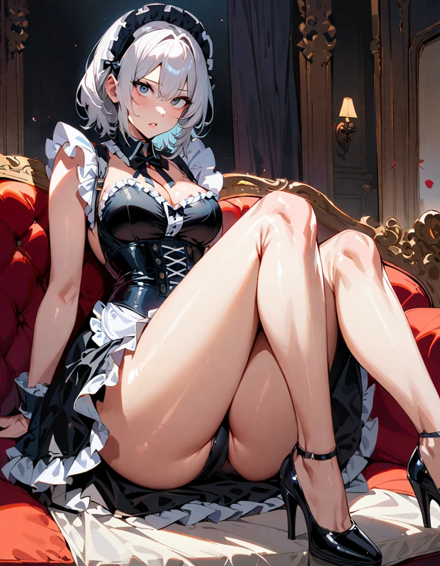 1 mature woman,(Highest quality,Extremely detailed depiction,Incredibly absurd high resolution,Anatomically accurate depiction,Perfect body,Two curvaceous legs),(Glowing Skin,Shiny skin,Oilskin),(Black and white gothic maid outfit,Maid Skirt,corset,black tights,High heels),eyelash,(Black Eyes,Crazy Eyes,Squint your eyes,Boring look,There is cleavage in the chest,Black lipstick,Part your lips,A condescending gaze on the viewer,sitting on the sofa with one's knees up),Sweat,(whole body),(background:Night room),Purple light,From below:1.3