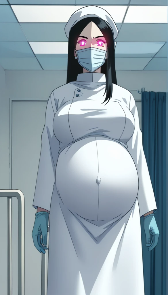 score_9,  score_8_up, score_7_up, source_anime, raw image, masterpiece, highest quality, kasuganoray, pale skin, shy face, glowing eyes, long black hair, big breasts, scrubs, surgical mask, bouffant cap, long sleeve maternity dress, put on another long sleeved coat, seamless, navel head, the dress isn't wrinkled, long white stockings,
1girl, pregnant, solo, long rubber gloves, looking down, look at viewer, furrowed brow, hospital bed, light shines from the ceiling, standing, patient room background, she is inquiring about the patient's condition