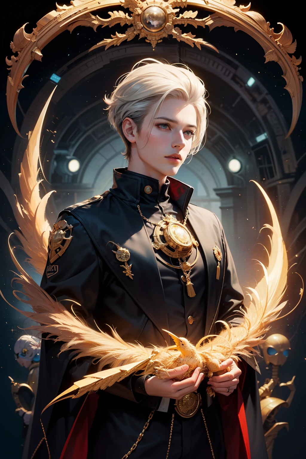 8k (work of art, maximum quality, best qualityer, offcial art, beautiful and aesthetic:1.2), extremely detaild, Fractal Art, colorfully, More Detailed, tangle, (abstract background:1.3), faithful style, (1 young boy:1.5), (golden birds), silver hair, glare eyes, hair slicked back, shorth hair, black robe, trunk, detailedeyes, Cibertron, robot, cyber punk
