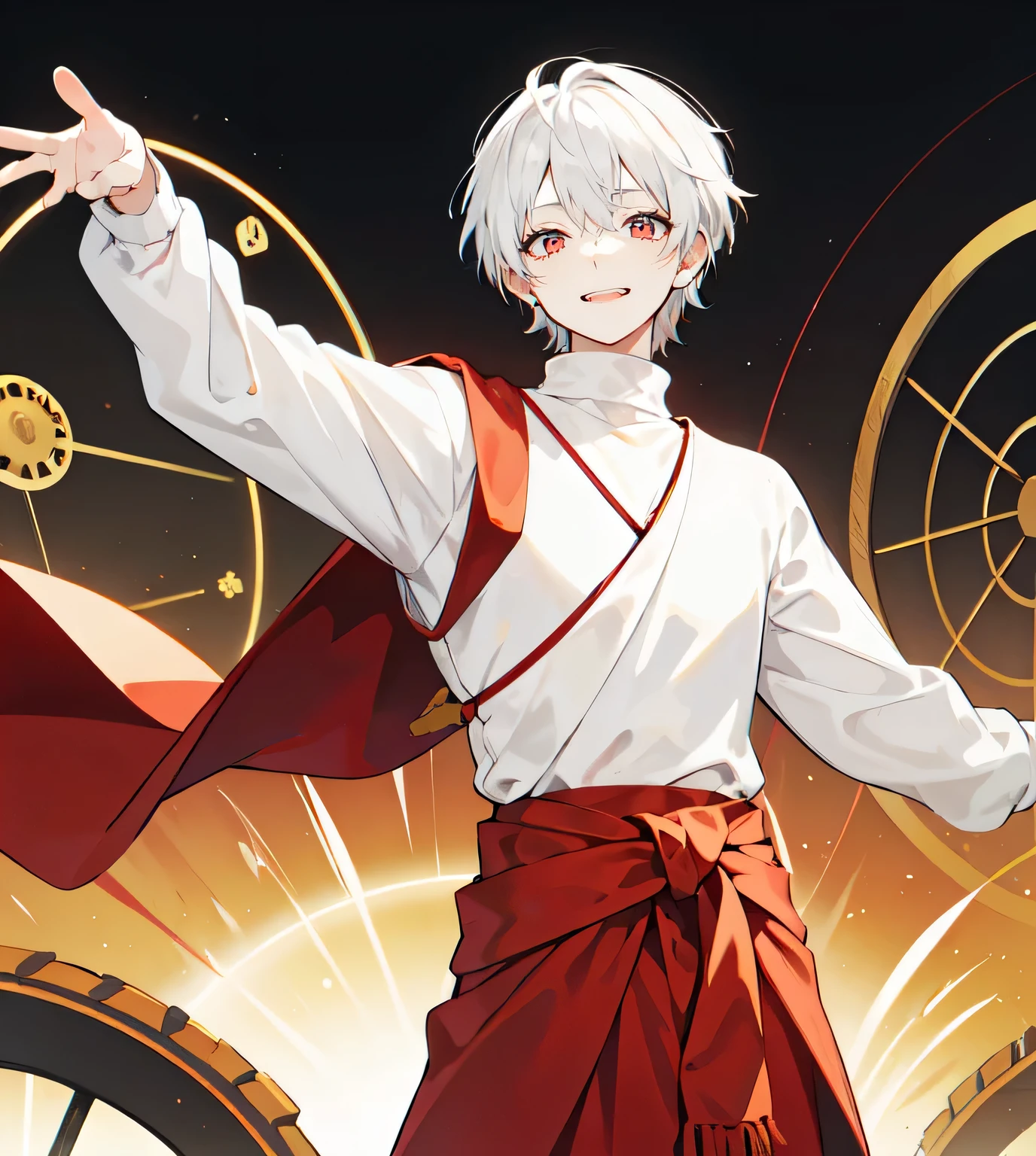 A boy with short white hair and red eyes... , white turtleneck , Red cloth around the waist , Spread your arms out at your sides. , dazed face, smile a little , The background is heaven in Buddhism. , The wheel of life is behind. , head-foot , flashy colors , distant view