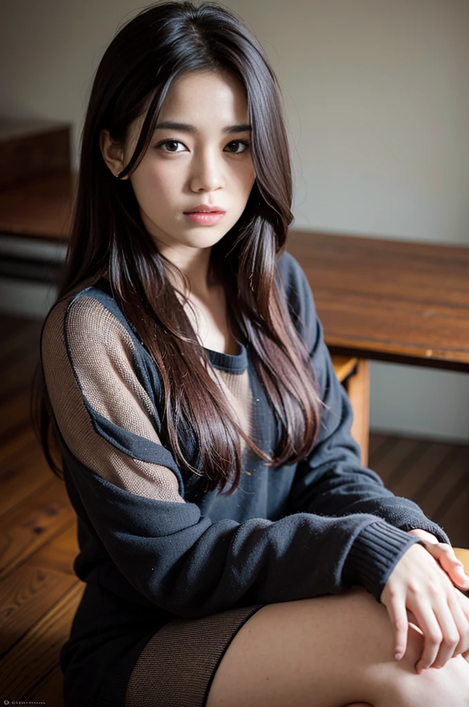 A disheveled beautiful girl sits at a worn, wooden desk, her gaze frozen in surprise. Her hair, a tangled mess, is grasped firmly with both hands as if trying to contain the chaos within. Soft, ethereal light wraps around her, illuminated by an unseen source. The airbrushed texture creates a hyper-realistic effect, reminiscent of Francis Bacon's bold brushstrokes. Mark Brooks' subject, a study in vulnerability and introspection, is rendered in exquisite detail at 8K resolution.