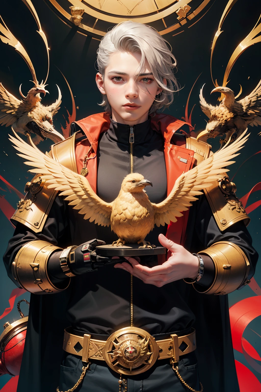 8k (work of art, maximum quality, best qualityer, offcial art, beautiful and aesthetic:1.2), extremely detaild, Fractal Art, colorfully, More Detailed, tangle, (abstract background:1.3), faithful style, (1 young boy:1.5), (golden birds), silver hair, glare eyes, hair slicked back, shorth hair, black robe, trunk, detailedeyes, Cibertron, robot, cyber punk
