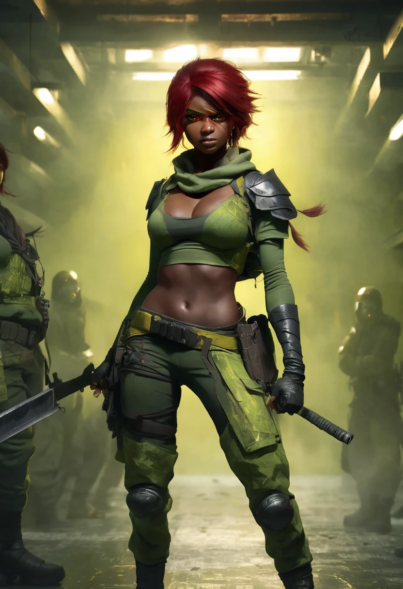 1 woman, inside a manual weapons room, wearing moss green ninja clothing, detailed facial features, feminine yellow eyes, detailed dark skin, medium sized red hair, image showing full body, cleavage, dramatic lighting, cinematic composition, cold palette , dark colors, atmospheric fog, strong body, thin chin, (best quality, 4K, 8K, high resolution, art: 1.2), ultra-detailed, (realistic, photorealistic, photorealistic: 1, 37)