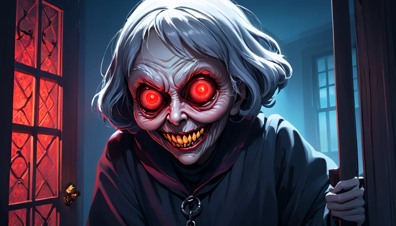 a guy trying to escape from and evil creepy granny she wear a evil mask with red lighting eyes , the house look creepy