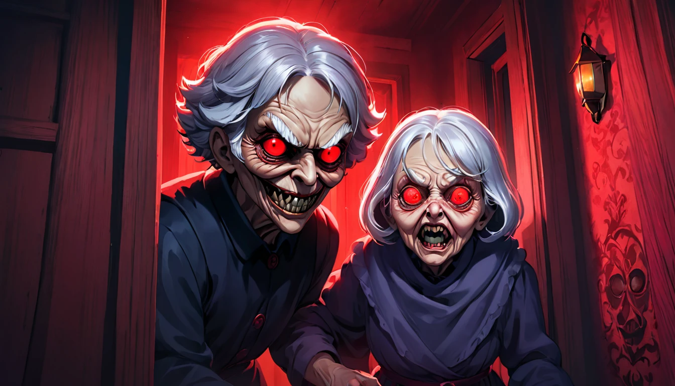 a guy trying to escape from and evil creepy granny she wear a evil mask with red lighting eyes , the house look creepy