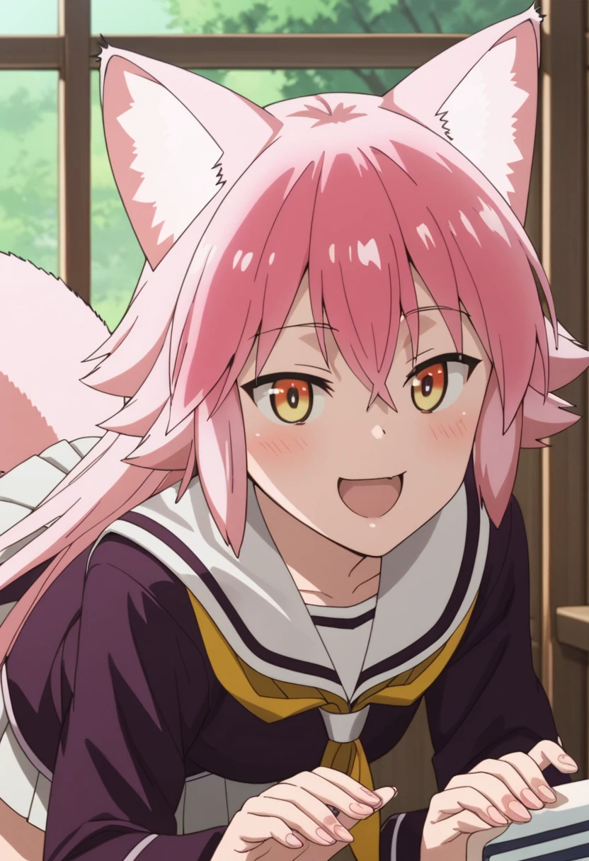 ranka, 1girl, animal ears, wolf girl, wolf ears, wolf tail, tail, , pink hair, skirt, long hair, animal ear fluff, serafuku, pleated skirt, neckerchief, anime style, pussy juice on hand, happy, close up