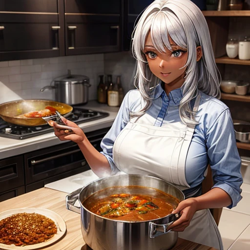 A silver-haired, dark-skinned woman cooking curry in a giant stockpot