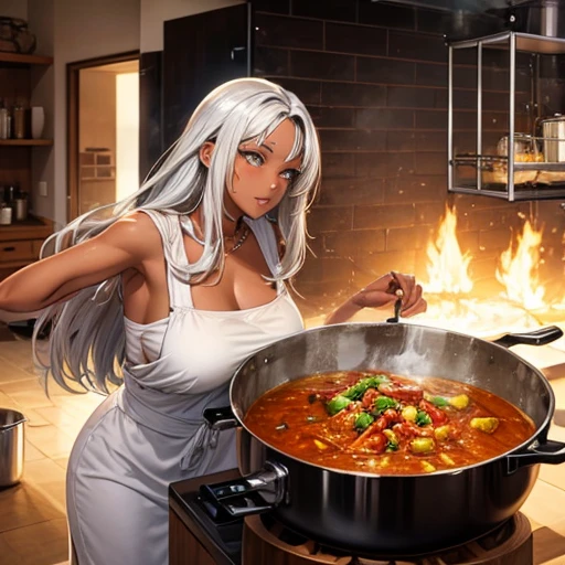A silver-haired, dark-skinned woman cooking curry in a giant stockpot