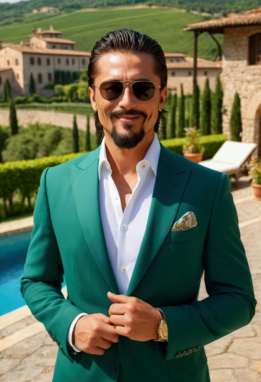 A rich man in China with beautiful scenery, Bokschnit, light beard，Transition to a goatee，The length is 4mm (best qualityer, A high resolution, Masterpiece artwork:1.2), Detailed and realistic display, vivid color, Mediterranean lighting, oil painting, charming Italian village, Picturesque sceneries of Tuscany, Lush green vineyards, Lago Azubraus, elegant suit, trendy sunglasses, luxury mansion, swimpool, lots, Italian sports car, Relax your confident posture, confident grin, summer atmosphere.