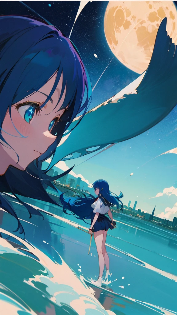Blue-haired long hair,Design clothing,Seven-doppelganger shot,Anime style 4K,Anime girl with teal hair,High quality anime art style,Standing painting,Splash ink background,Blue Themes、Pure white background,Buildings,Face close-up,Buildings,Moon and sun、Long legs, whale flying in the sky,giant whale,輝く星々,天の川,輝く空