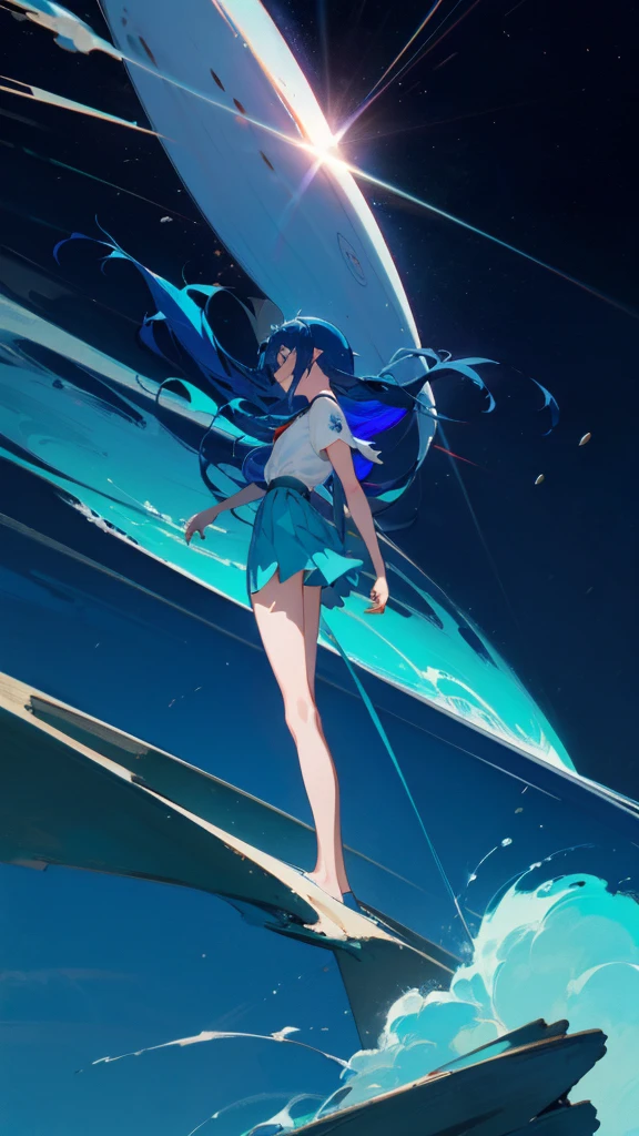 Blue-haired long hair,Design clothing,Seven-doppelganger shot,Anime style 4K,Anime girl with teal hair,High quality anime art style,Standing painting,Splash ink background,Blue Themes、Pure white background,Buildings,Face close-up,Buildings,Moon and sun、Long legs, whale flying in the sky,giant whale,輝く星々,天の川,輝く空