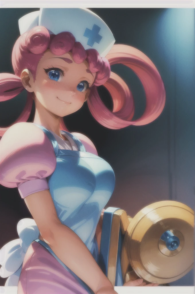 (masterpiece, best quality:1.2), nurse joy, pokemon, blue eyes, closed mouth, long hair, pink hair, short sleeves, nurse, blush, holding, puffy short sleeves, large breasts, puffy sleeves, nurse cap, 1girl, looking at viewer, smile, solo, hat, dress, apron, hair rings, clipboard