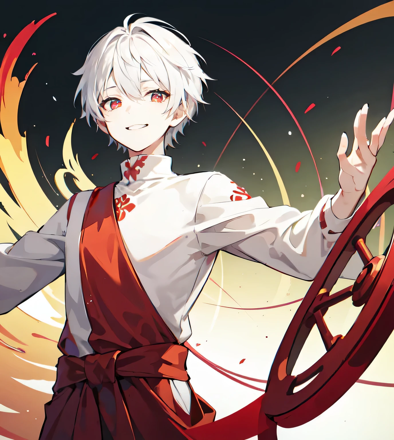 A boy with short white hair and red eyes... , white turtleneck , Red cloth around the waist , Spread your arms out at your sides., Floating , dazed face, smile a little , The background is heaven in Buddhism. , The wheel of life is behind. , Whole body , flashy colors , distant view