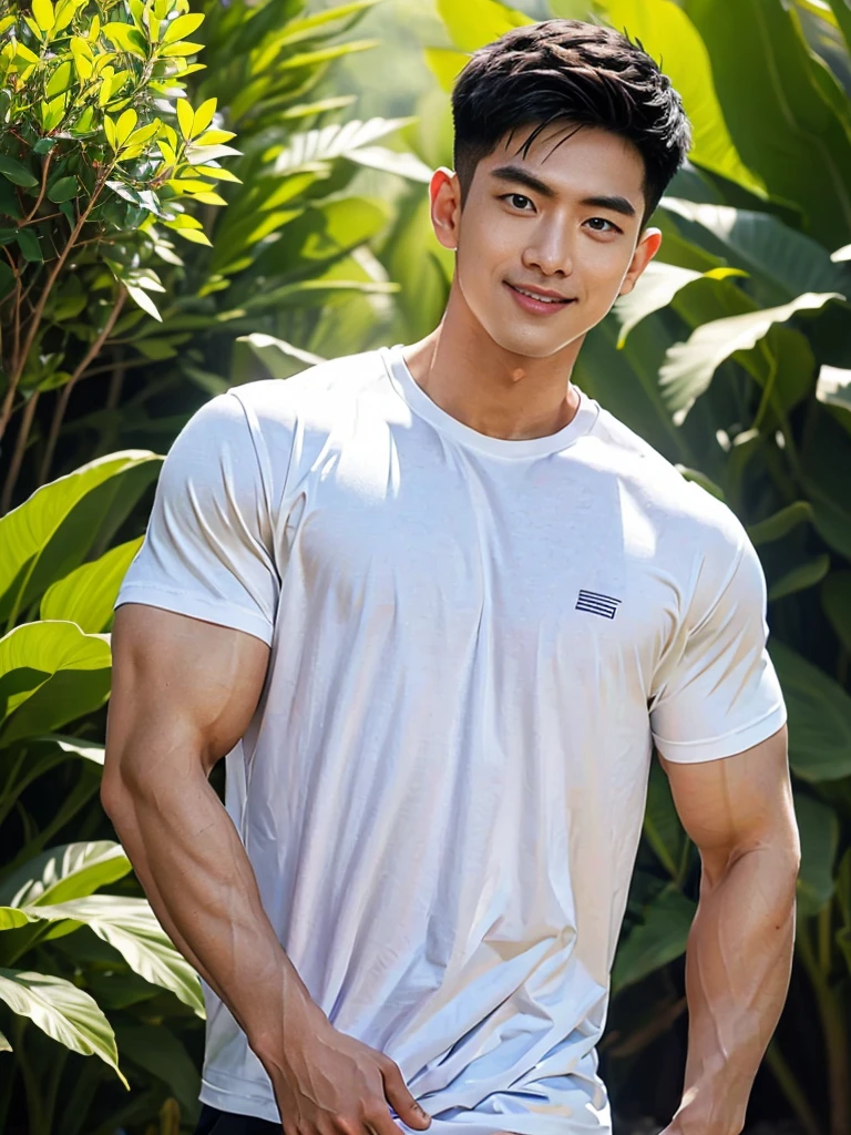 man , white t-shirt, black short hair , outdoor , cute smile , หน้าhandsomeแบบเกาหลีสมจริง , modest muscles , Masterpiece、High resolution、Surreal、detailed face、alone、man、Glowing skin、(Asia)、handsome、Detailed background