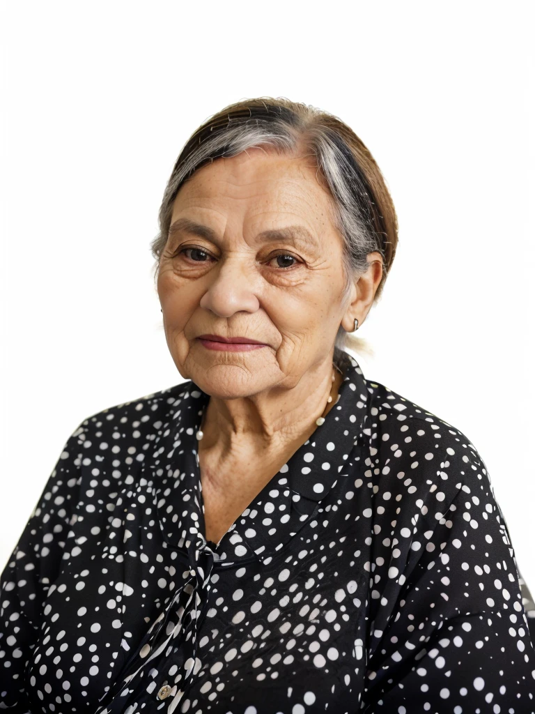 portrait of an elderly woman in a black and white polka dot shirt, Magda Torres Gurza, pillar gogar, pillar, taken in the early 2020s, mulatto, photo of a woman, old lady, portrait 6 0 - year - old woman, she is about 7 0 years old, Old woman, Grandmother