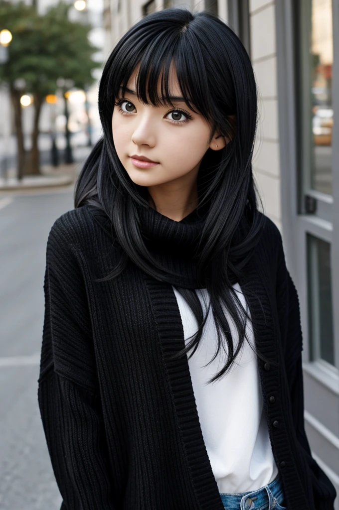 anime girl character, black hair, medium shot with black sweaters